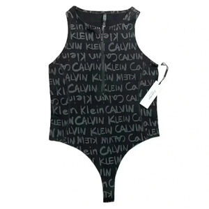 NWT Calvin Klein Perf Black Signature Zip Cotton Thong Snap Bodysuit Size M